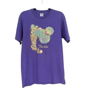 Vintage 90s Sea Shells Florida Graphic Medium T Shirt Large Purple Tourist Tee